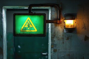 dimly lit industrial corridor with a green caution sign depicting a person working on knees and a rusty wall light casting an orange glow on grungy concrete walls