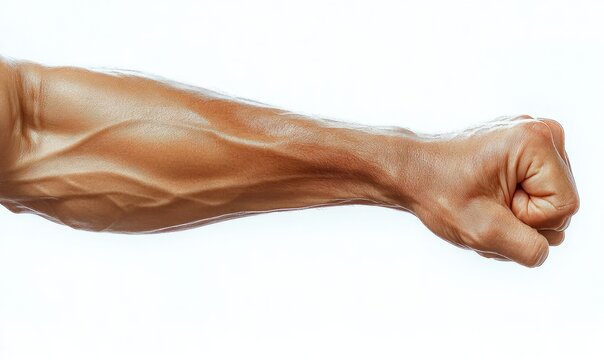Close-up of a muscular human arm with visible veins and clenched fist against a white background showing strength and determination