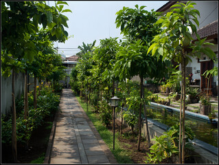Fototapeta premium Pathway in a Green Garden with Trees and a Pond