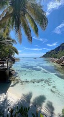 Tropical paradise vista turquoise waters, white sand beach, palm trees, and lush vegetation under a clear blue sky. Relaxing scenic view