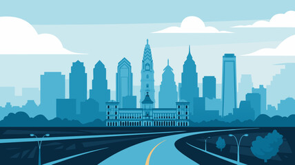 Fototapeta premium Flat design vector illustration of the iconic Philadelphia skyline with famous downtown skyscrapers and city hall building viewed from an empty highway