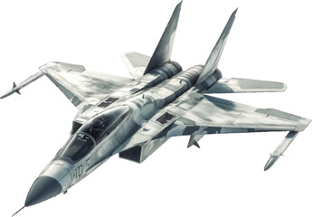 Camouflaged Fighter Jet with Missiles on White Background Keywords: fighter jet, airplane