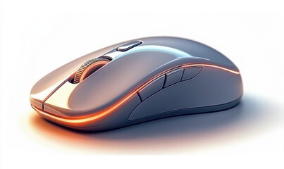 Sleek ergonomic wireless computer mouse with glowing orange accent light and side buttons on white background