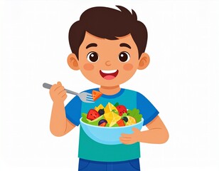 Flat Vector Illustration of a Cheerful Young Boy Eating Healthy Fresh Fruit Salad Isolated on White Background