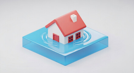 Flood insurance concept showing house in water representing property damage and homeowner financial risk cover