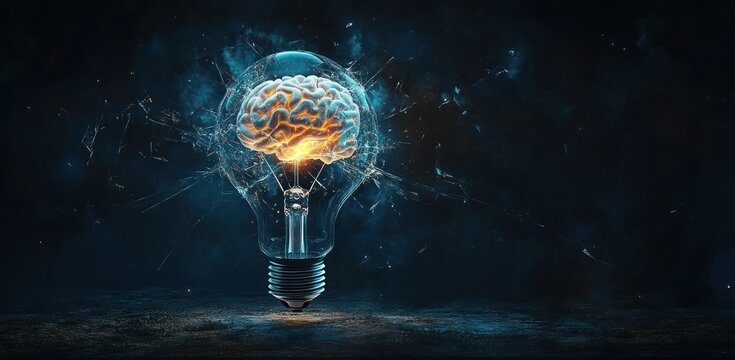 Glowing human brain inside a shattering light bulb floating above a dark textured surface, symbolizing breakthrough ideas and creativity