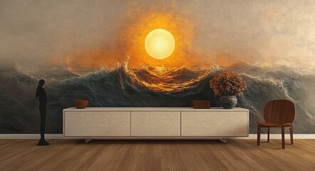 Modern interior with wooden floor, low white cabinet, decorative flower vase, abstract female sculpture and chair against a textured wall mural of a glowing sun over ocean waves
