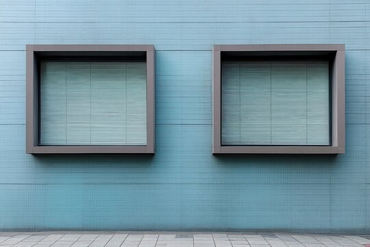 Minimalist exterior view of a modern building with two large rectangular windows featuring closed blinds and a light blue tiled facade