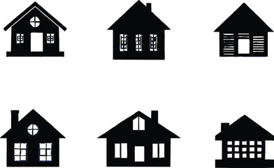 Fototapeta premium Six Hand Drawn Black House Silhouettes With Windows