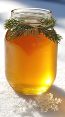 Golden liquid in a glass jar, decorated with evergreen sprigs and twine, resting on snowy ground alongside a decorative snowflake