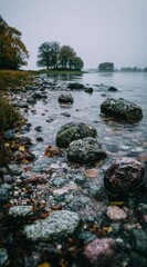 Cloudy lakeside view with colorful pebbles, shallow water, distant trees in muted tones creates serene & melancholic mood. Vertical crop