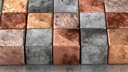 Close Up of Metallic Copper and Silver Colored Cubes in Geometric Pattern