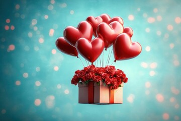 Floating gift box filled with red roses and tied to heart-shaped red balloons on a soft blue bokeh background, conveying love and celebration
