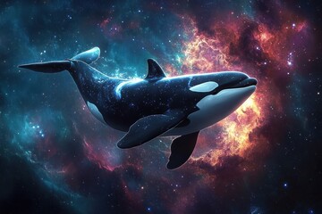 Fototapeta premium A majestic orca whale gracefully swimming through a vibrant cosmic space filled with colorful nebulae and stars, evoking wonder and tranquility