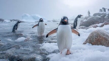 Fototapeta premium Gentoo Penguin on Antarctic Rocks Facing the Camera
