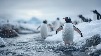 Obraz premium Gentoo Penguin on Antarctic Rocks Facing the Camera