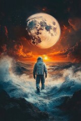Obraz premium An astronaut walks through turbulent ocean waves towards a large glowing moon with an intense orange and dark cloudy sky, evoking a sense of adventure and solitude