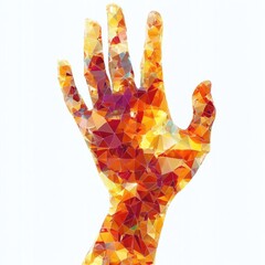 Abstract polygonal illustration of an outstretched human hand with vibrant warm colors of orange, red, and yellow on a white background