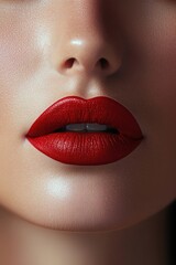 Obraz premium Close-up of a woman's lips with smooth skin and vibrant red lipstick, highlighting soft texture and sensual expression