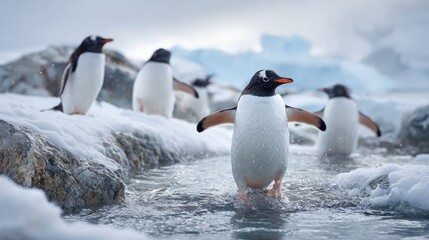 Obraz premium Gentoo Penguin on Antarctic Rocks Facing the Camera