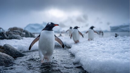 Obraz premium Gentoo Penguin on Antarctic Rocks Facing the Camera