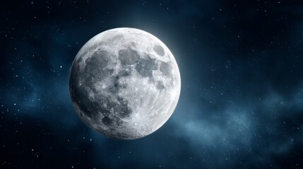 A stunning view of a bright full moon surrounded by a starry night sky, creating a serene and captivating cosmic atmosphere.