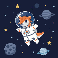 A cute dinosaur in a spacesuit floating in space among planets and stars.