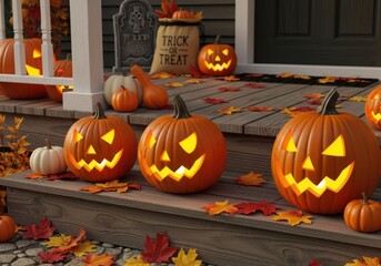Glowing jackolanterns and autumn leaves adorn a wooden porch for halloween