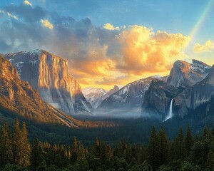 Sunset light illuminating a dramatic mountain valley with dense forest below, vibrant clouds, a waterfall, and a soft rainbow in the sky creating a serene atmosphere