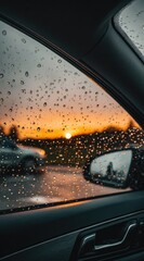 Car window with raindrops at golden hour. An orange sun sets behind trees, seen past blurred car. View is from inside car