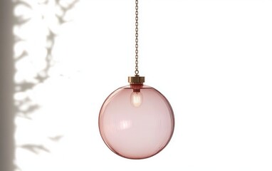 Elegant spherical pendant light with a soft pink glass shade hanging from a gold chain casting a gentle shadow on a white wall