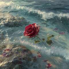 single rose floating in the ocean