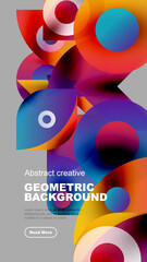 Abstract composition featuring vibrant geometric shapes. Overlapping forms create dynamic visual interest, using gradients, curves, circles. Modern design elements present bold color palette.
