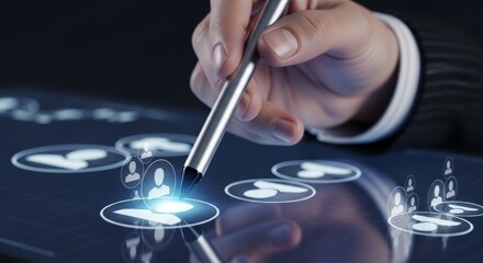 Business professional using futuristic digital touchscreen interface for data analysis and decision making