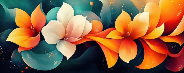 Abstract close-up of large vibrant orange and white flowers with flowing petal shapes and soft swirling background in teal and dark blue tones