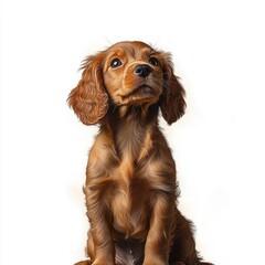 adorable brown puppy with expressive eyes sitting and looking upward against a white background