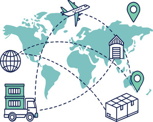 Global Distribution Network with Connected Logistics Icons

