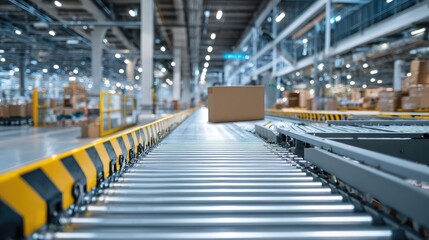 Obraz premium Cardboard Box on Conveyor Belt in a Warehouse