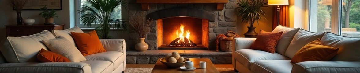 Cozy living room interior with a fireplace, throw pillows, and warm lighting, creating a relaxing and inviting atmosphere for a comfortable home , cozy, room, inviting