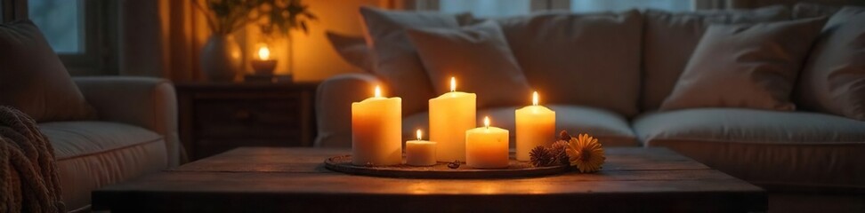 Cozy living room interior scene featuring multiple candles burning on a coffee table, creating a warm and inviting atmosphere  Soft light enhances the home decor details ,  relaxation,  inviting