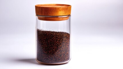 A glass jar with a wooden lid is filled with dark brown, granular content, displayed against a plain white background in a studio shot