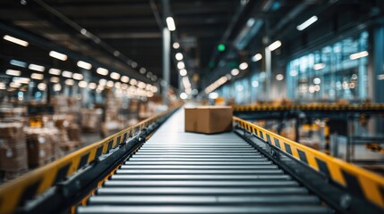 Fototapeta premium Cardboard Box on Conveyor Belt in a Warehouse