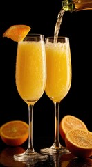 Two flutes filled with bubbly orange liquid, one being poured, with orange slices around them on a reflective surface, set against a dark backdrop
