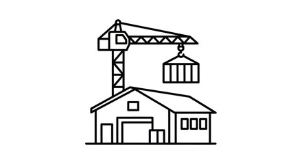 Line art icon of industrial warehouse building with tower crane lifting cargo.