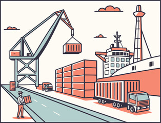 Port Terminal with Cranes Loading Cargo Containers
