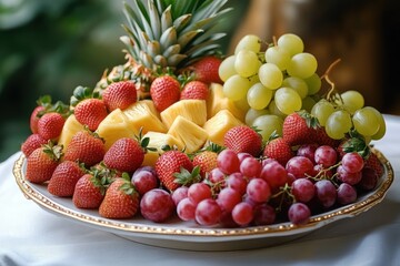 Plate of fresh strawberries, pineapple slices with crown, green grapes, and red grapes arranged on a decorative white surface with a soft natural background