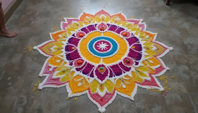Rangoli or muggu or kolam s an art form originating n the Indian subcontinent.Patterns are created on th floor or the ground usingmaterials such as limeston powder, rice powder or flwer petals