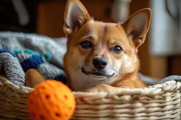 small brown dog with upright ears resting in a woven basket with a colorful blanket and an orange textured ball in foreground, cozy indoor setting