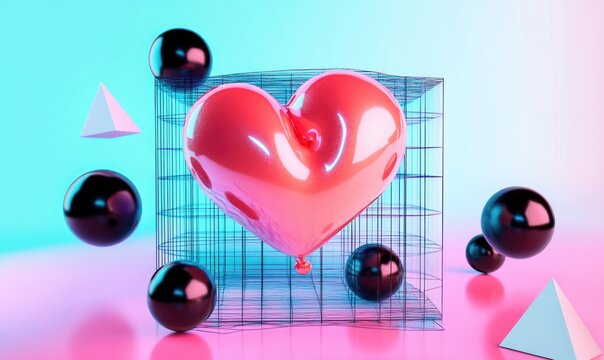 Glossy red heart-shaped balloon trapped inside a wireframe cube surrounded by floating black spheres and white pyramids in a vibrant pink and blue gradient background