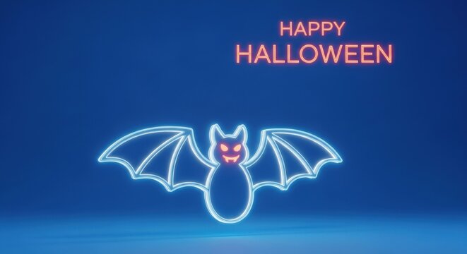 Glowing neon Happy Halloween bat on blue background, spooky holiday design